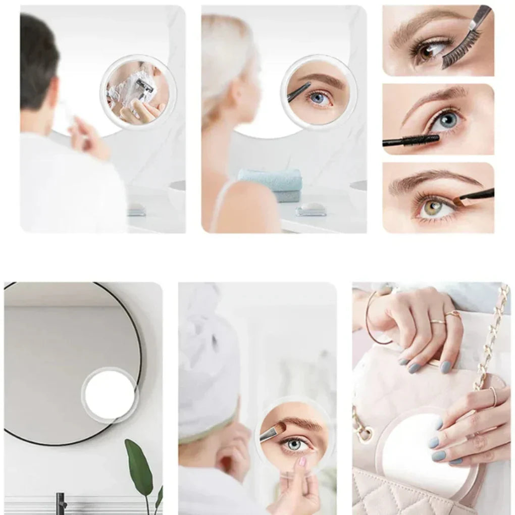 Portable 10x magnifying LED cosmetic mirror with suction cup, ideal for detailed makeup application on the go.