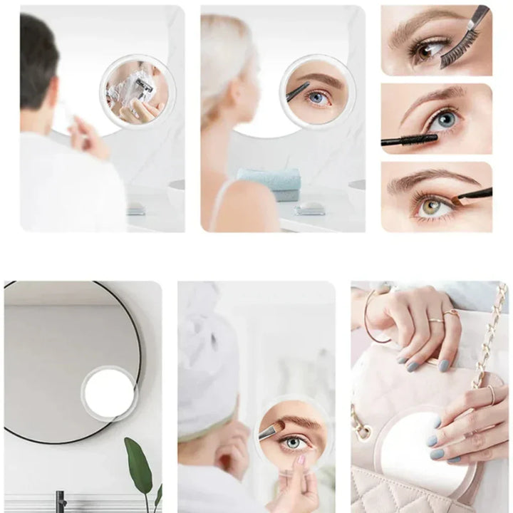 Portable 10x magnifying LED cosmetic mirror with suction cup, ideal for detailed makeup application on the go.