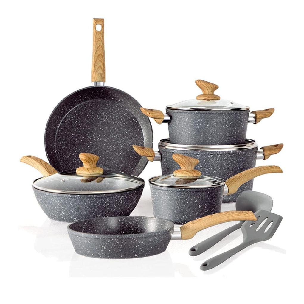 12-piece nonstick granite coated cookware set, featuring pots, pans & lids for versatile kitchen essentials.
