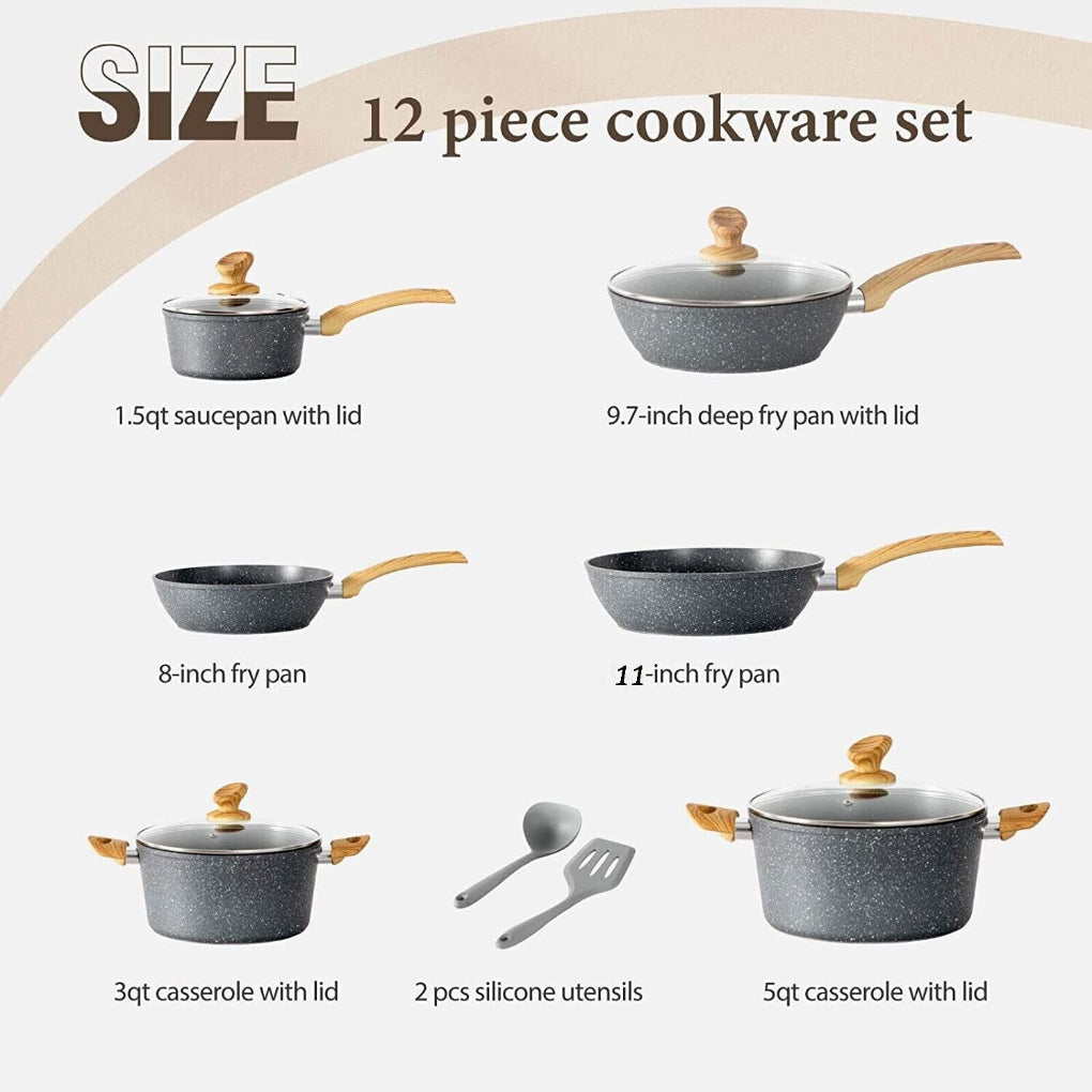Home cooking with a nonstick granite coated pan from the 12-piece cookware set; perfect for everyday meals.