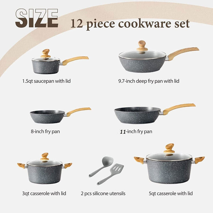 Home cooking with a nonstick granite coated pan from the 12-piece cookware set; perfect for everyday meals.