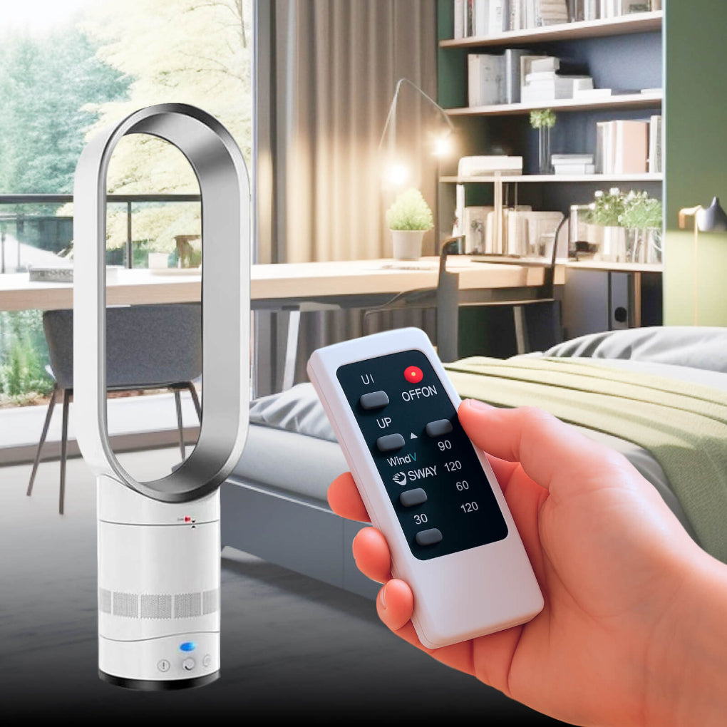 Modern 16-inch bladeless fan with remote for silent and safe air circulation in any room.
