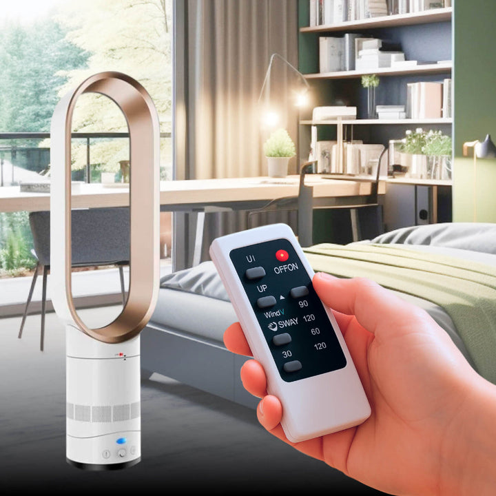 Sleek 16-inch bladeless fan, remote controlled, perfect for safe home cooling & air circulation.