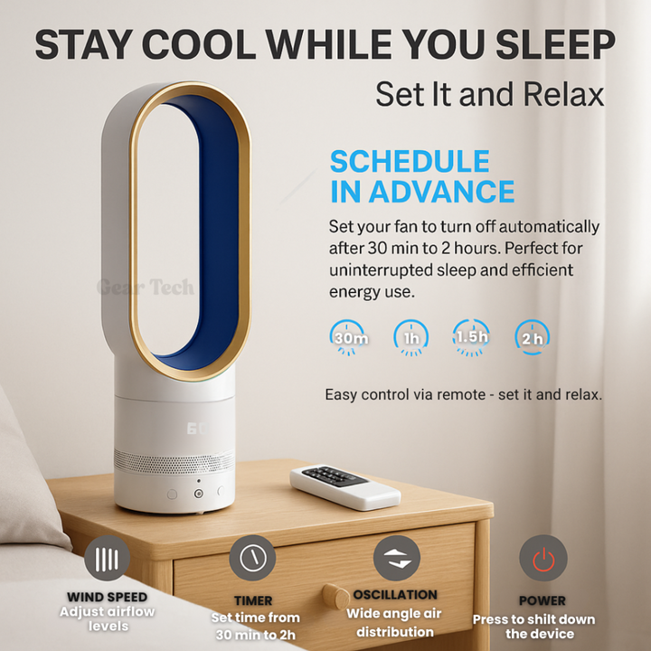 Contemporary 16-inch bladeless fan, remote operated, providing gentle, silent, safe home air circulation.