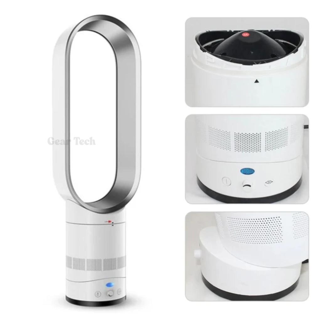 Powerful 16-inch bladeless fan with remote for effective, safe, and modern cooling in any space.