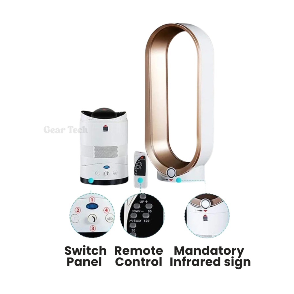 Energy-efficient 16-inch bladeless fan with remote control, delivering quiet, safe home cooling.