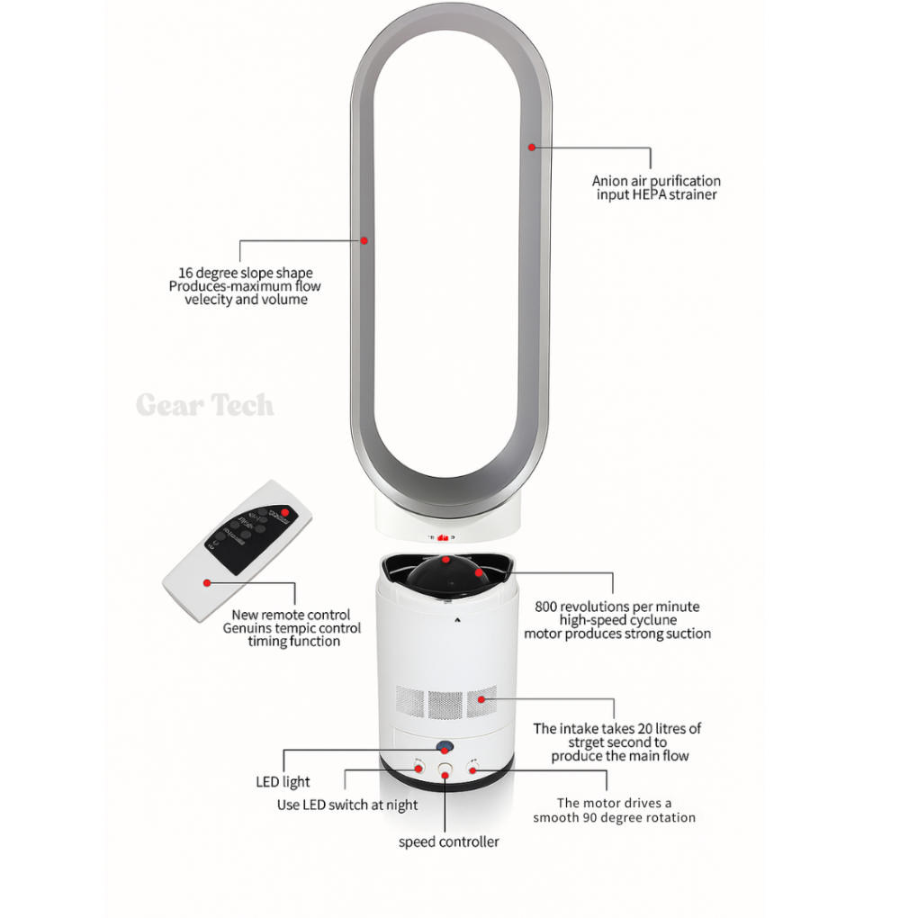Stylish 16-inch bladeless fan, remote controlled, enhancing modern interiors with cool, safe air.