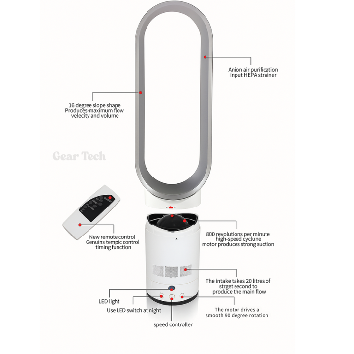 Stylish 16-inch bladeless fan, remote controlled, enhancing modern interiors with cool, safe air.