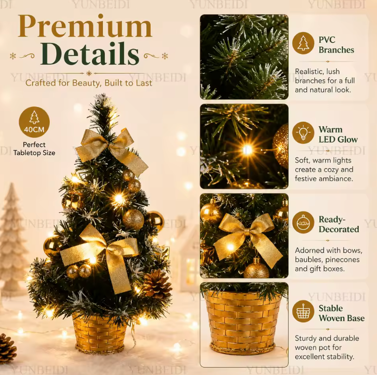 Elegant 16-inch mini LED Christmas tree, pre-lit for easy setup, ideal for desktop or shelf holiday display.