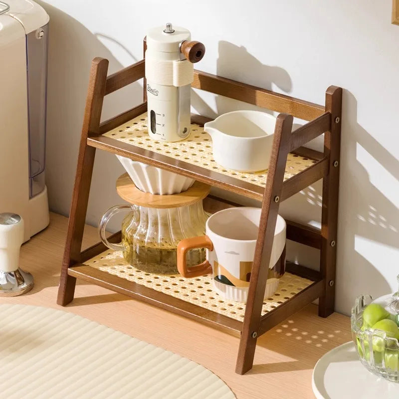 Vertical 2-tier kitchen countertop organizer for spices, oils, condiments, or coffee station essentials.