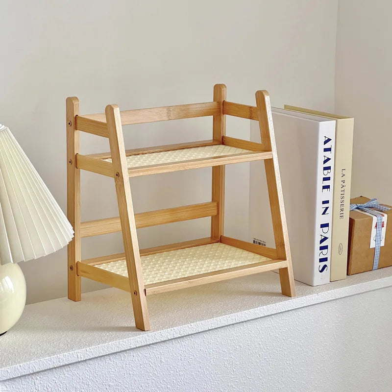 Space-saving 2-tier vertical storage shelf for kitchen countertops, perfect for small kitchens or pantries.