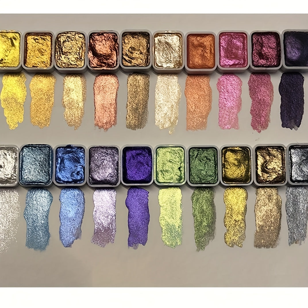 20-color pearl watercolor paint set for artists & calligraphers; solid iridescent paints for art projects.