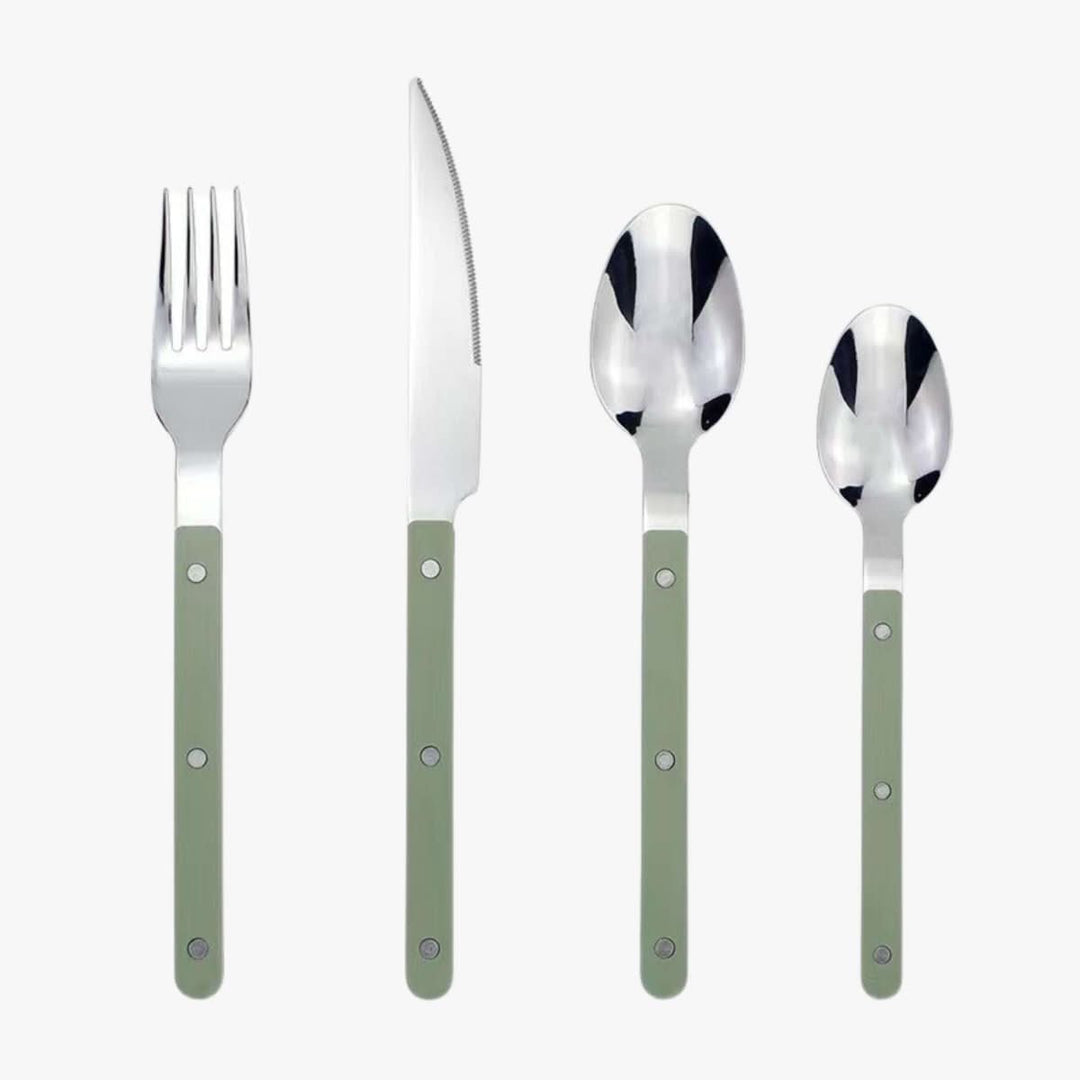 Unisex 24-piece engraved stainless steel cutlery set, combining elegance with daily durability.