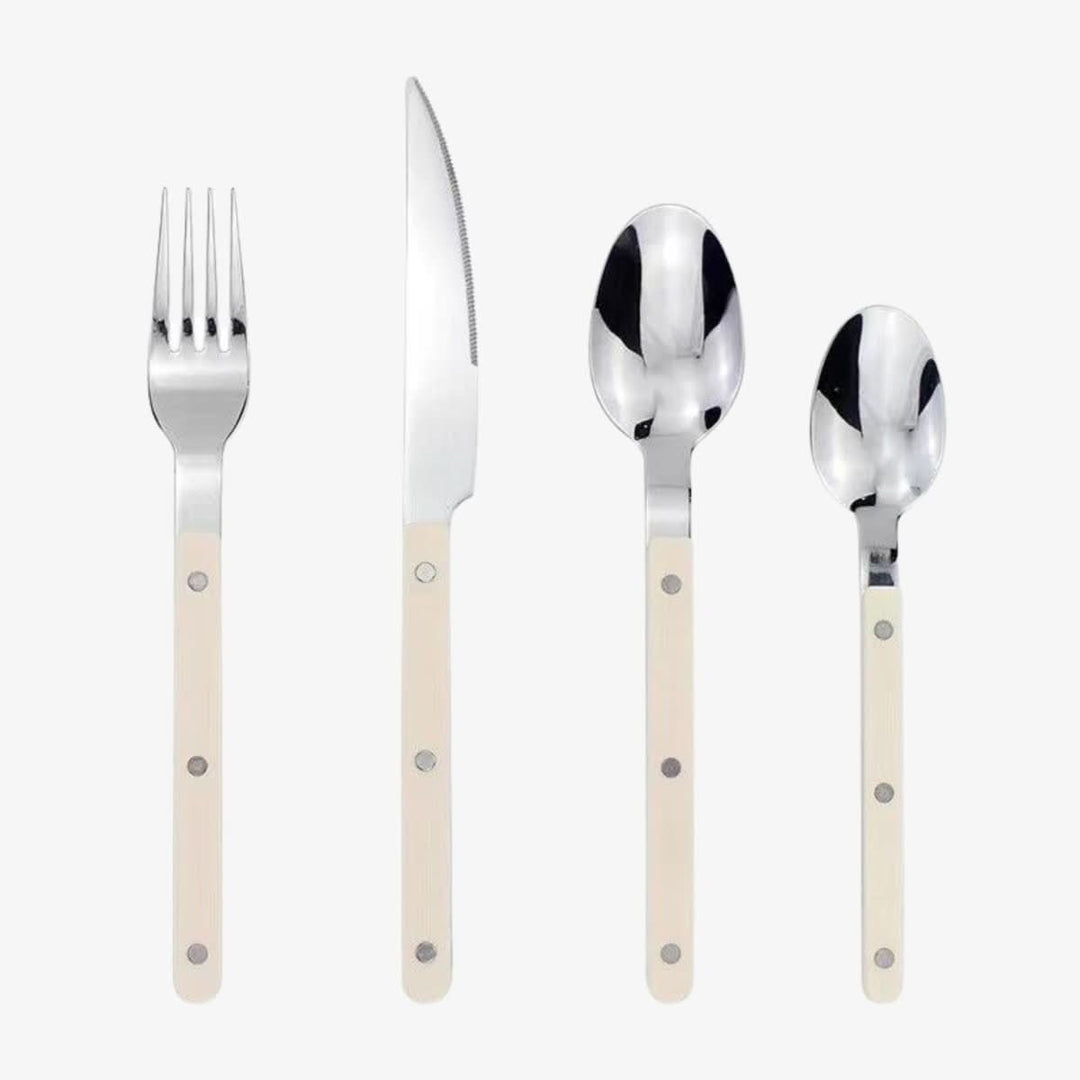 Sophisticated 24-piece engraved stainless steel dinnerware set, ideal for stylish home entertaining.