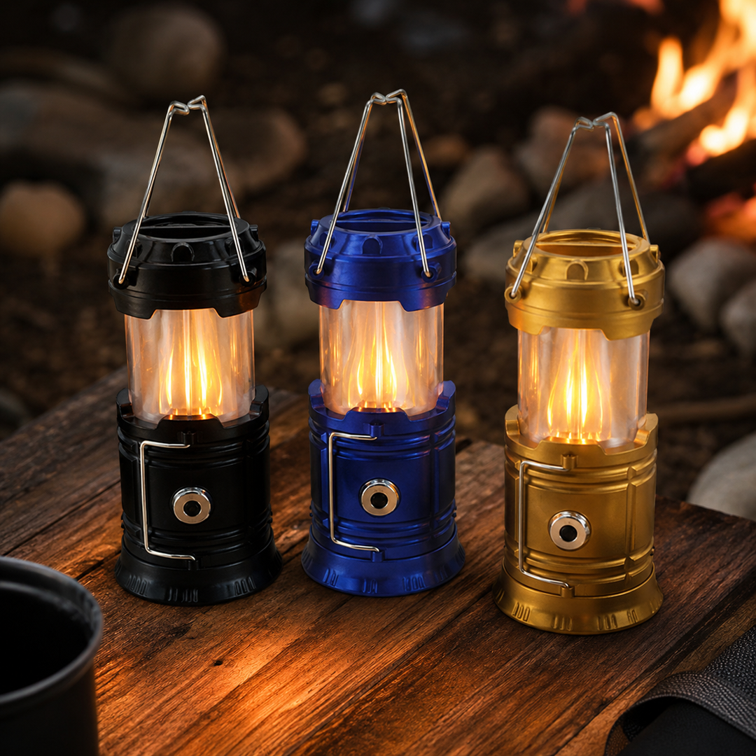 Solar-powered, USB rechargeable 3-in-1 LED lantern with flashlight & flame effect; essential camping gear.
