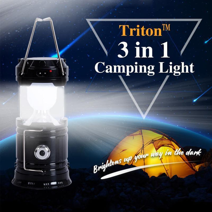 Portable LED camping lantern illuminating a tent, offering bright light for outdoor adventures.