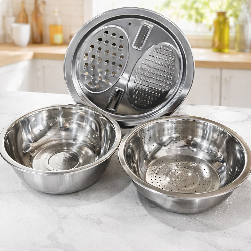 3-in-1 stainless steel mixing bowl set with grater & sieve, essential kitchen tools for food prep & cooking.