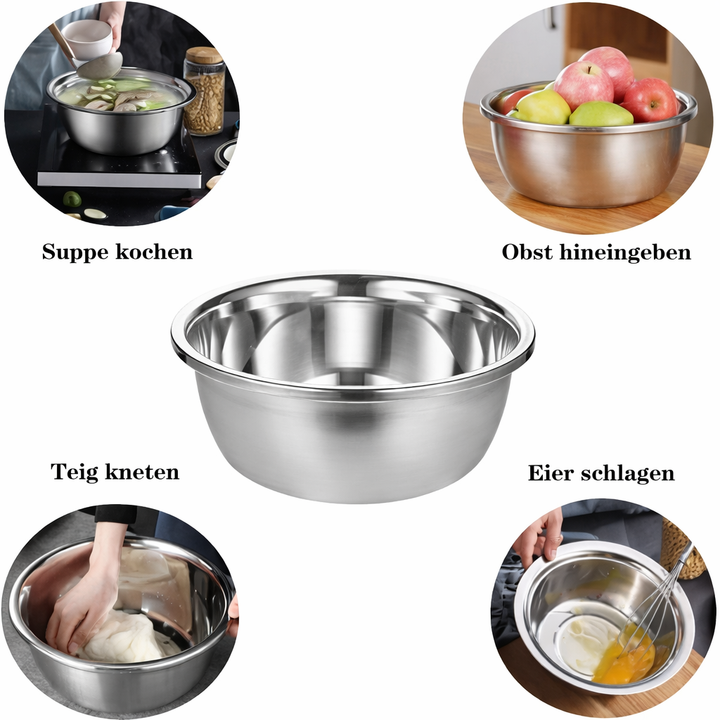 Stainless steel mixing bowl set with grater & sieve, perfect for baking projects, sifting flour & grating ingredients.