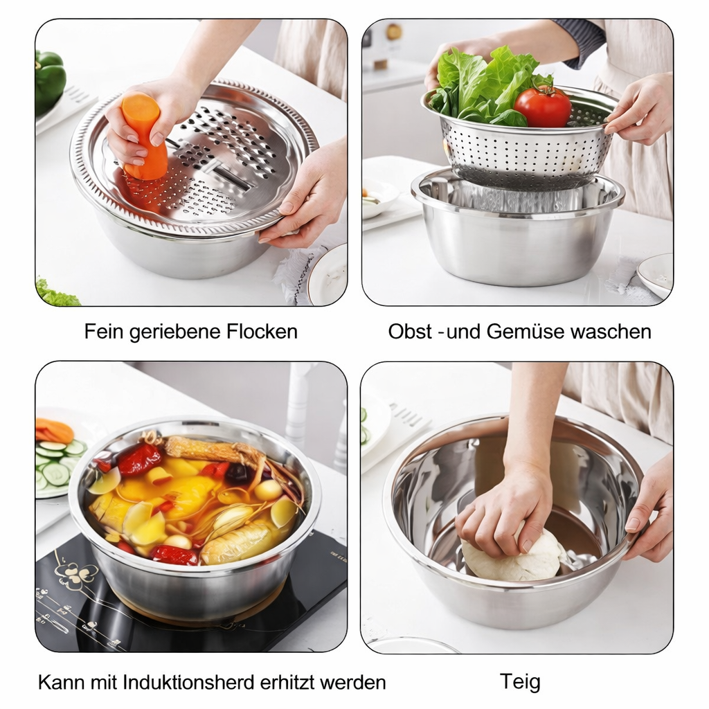 Organize your kitchen with this space-saving 3-in-1 stainless steel mixing bowl, grater & sieve tool set.