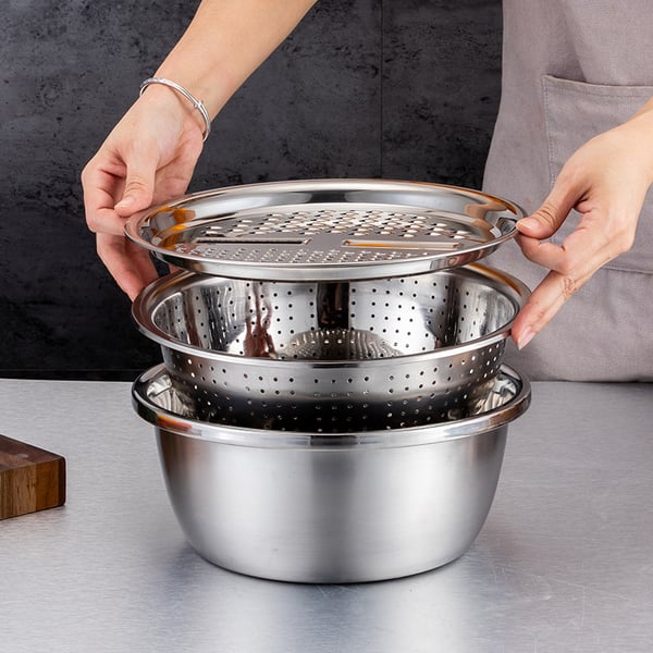 Complete 3-piece stainless steel mixing bowl set with attachable grater and sieve for all your cooking needs.