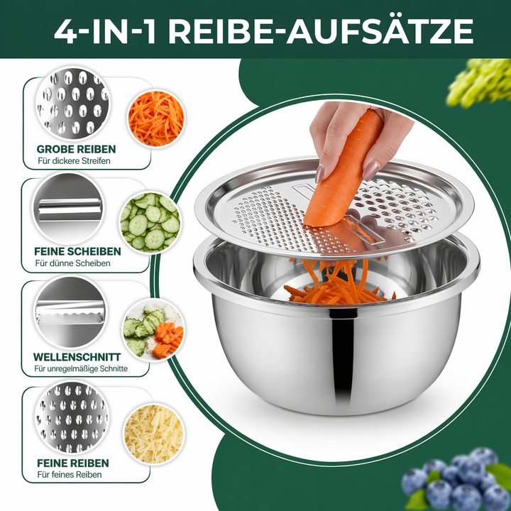 Multi-functional stainless steel mixing bowl set featuring a versatile grater for cheese, vegetables & more.