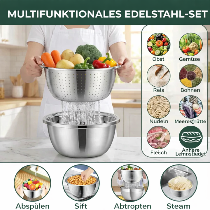 Stainless steel mixing bowl set including a fine mesh sieve, perfect for sifting flour or rinsing fruits.