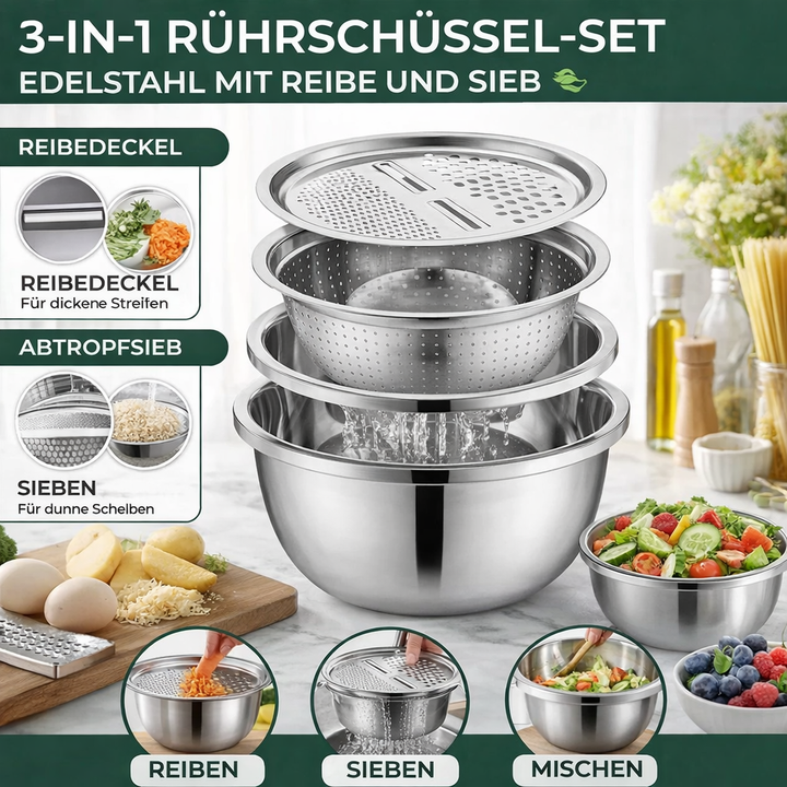 Versatile 3-in-1 stainless steel kitchen tools: mixing bowls, grater, and sieve for efficient food preparation.