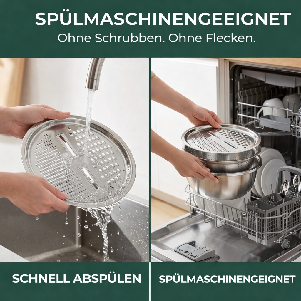 Nesting stainless steel mixing bowl set with grater & sieve; space-saving kitchen organization for small kitchens.