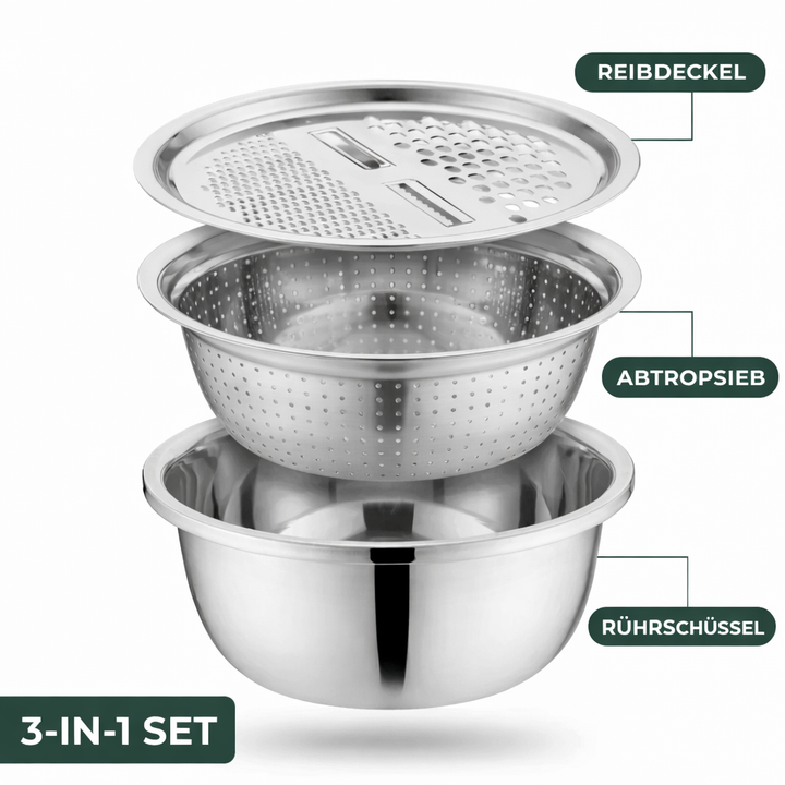Essential stainless steel cooking and food prep set: mixing bowls, grater, sieve for baking and meal prep.