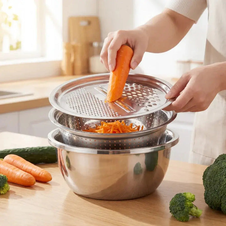 High-quality stainless steel mixing bowls, grater, and sieve set for durable and hygienic kitchen use.