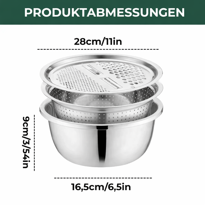 Set of nested stainless steel mixing bowls with grater & sieve, offering multiple sizes for diverse kitchen needs.