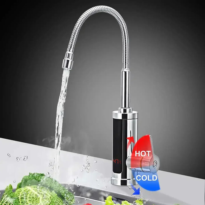 Chrome instant hot water dispenser, 3000W electric kitchen tap for quick and efficient heating.