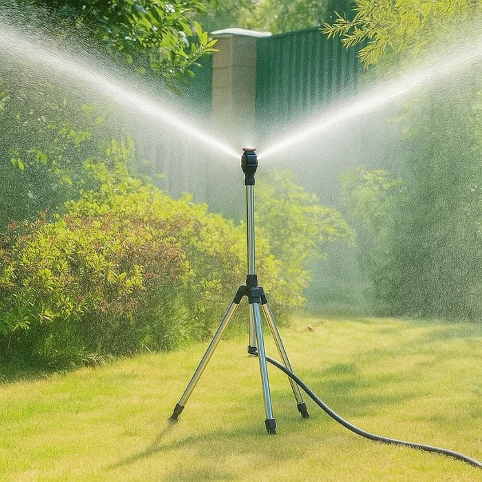 360-degree rotating tripod garden sprinkler with adjustable coverage, efficiently watering a lush green lawn.