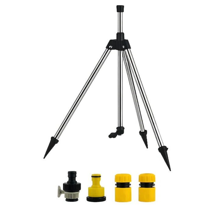 High-pressure outdoor garden sprinkler on a sturdy tripod, providing wide-area, adjustable irrigation for lawns.