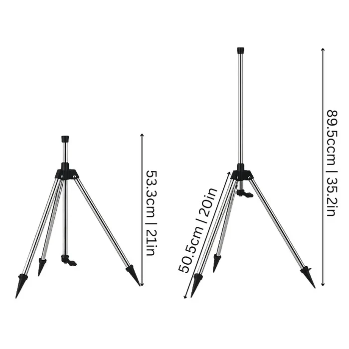 Rotating garden sprinkler on a tripod, showing water jets for precise, adjustable lawn and garden watering.