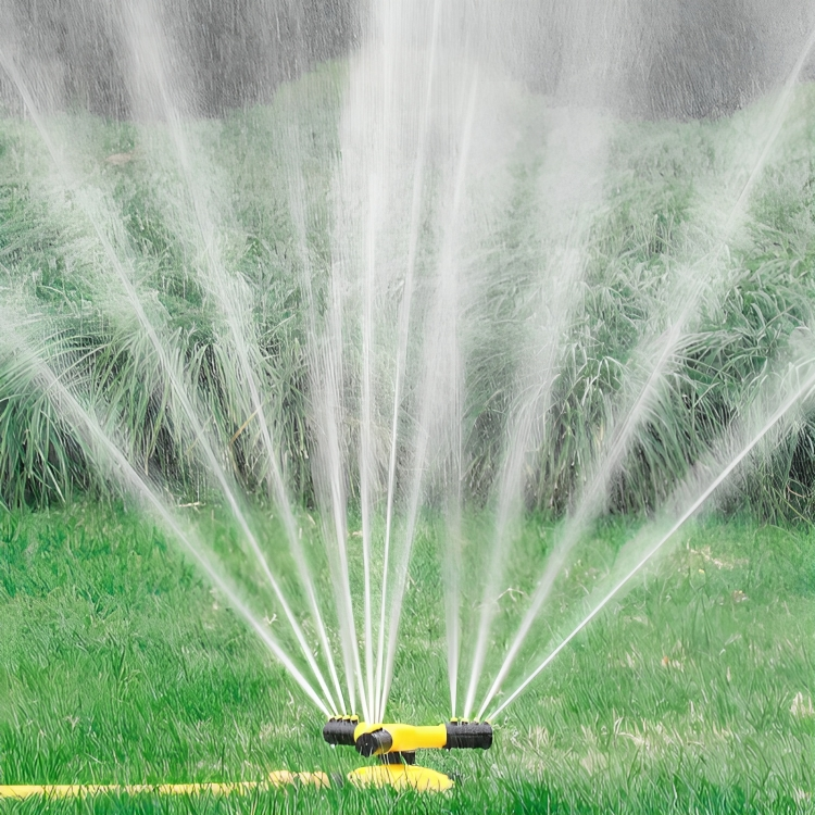 Adjustable nozzle rotating garden sprinkler for customizable lawn watering, ensuring optimal water distribution.