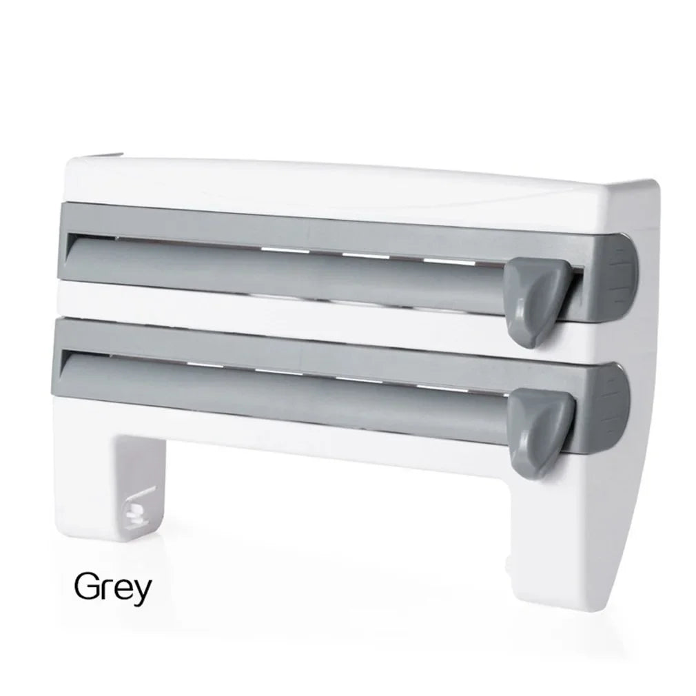 4-in-1 kitchen roll holder, wall organizer, & foil cutter for paper towels, cling film & tin foil.