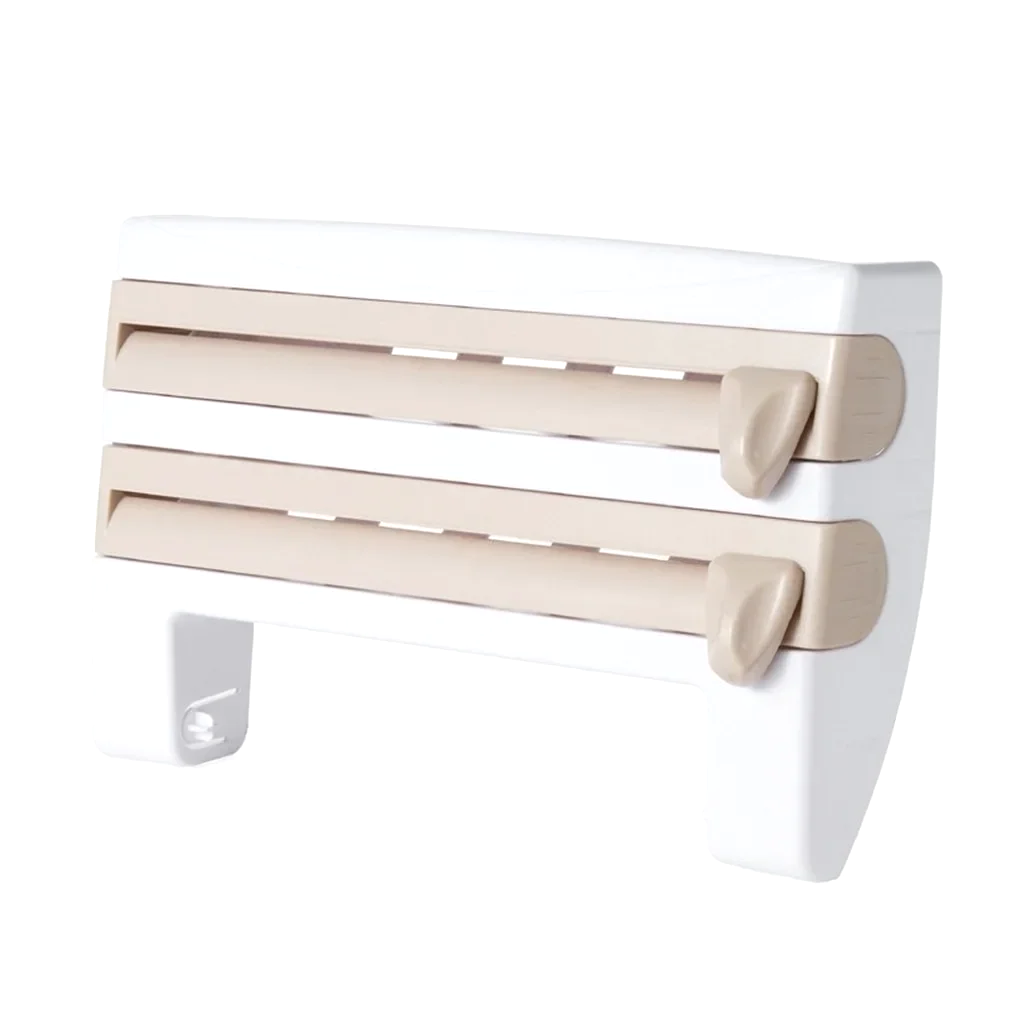 Practical 4-in-1 kitchen wall organizer. Holds paper towels, cling film, foil with precision cutters, no drilling.