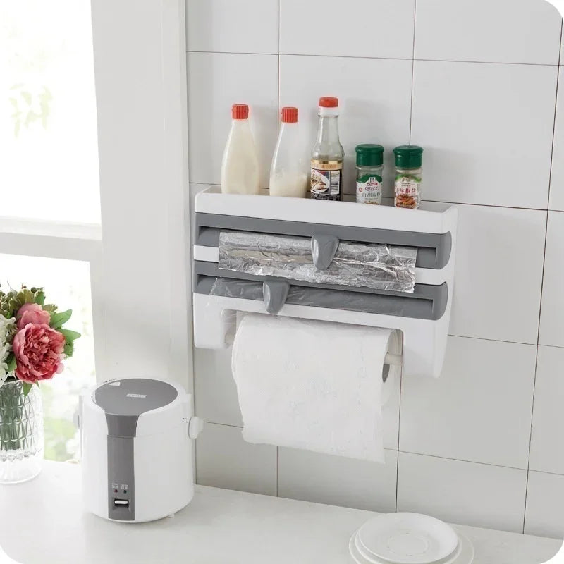 No-drill plastic kitchen roll holder & wall organizer. Features integrated foil & cling film cutters.