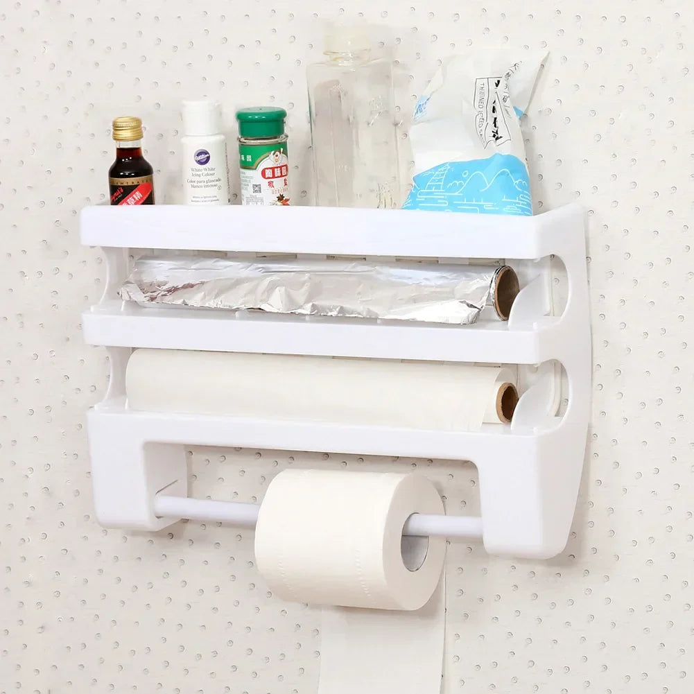 Optimize kitchen space with this 4-in-1 wall organizer: paper towel, foil, & cling film dispenser with cutters.