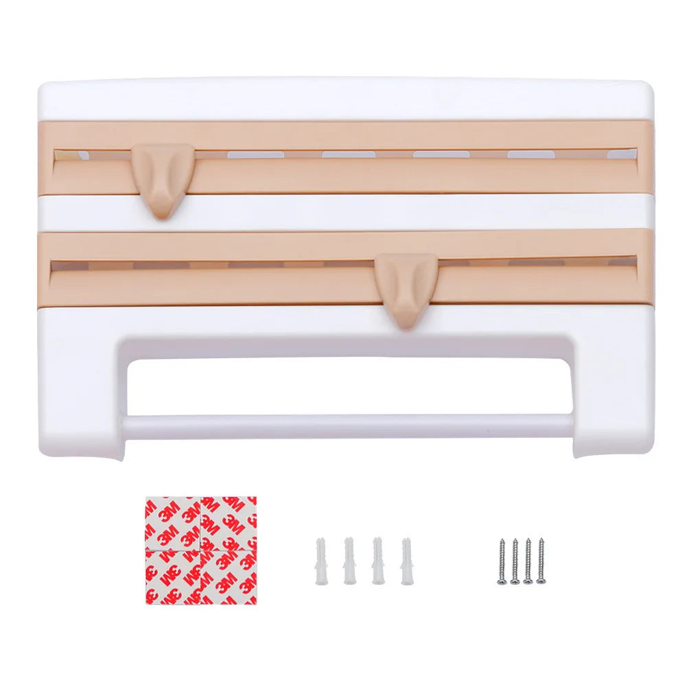 4-in-1 Kitchen Roll Holder & Wall Organizer, a space-saving solution with built-in foil & cling film cutters.