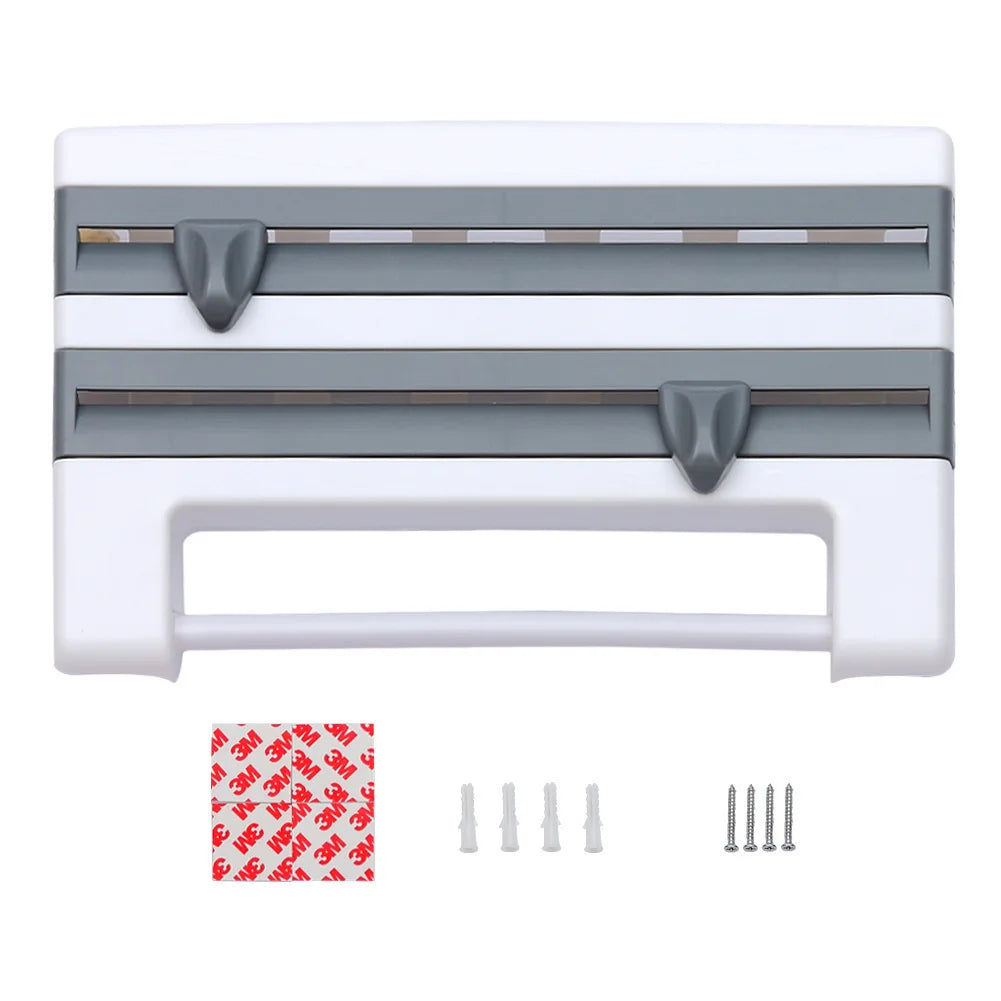 Wall-mounted kitchen roll holder & organizer. Dispenses paper towels, cling film & foil, includes cutters.