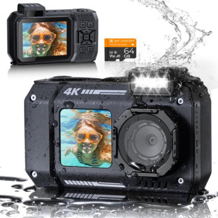4K 48MP waterproof digital camera with dual screen, perfect for underwater adventures, selfies & outdoor photography.