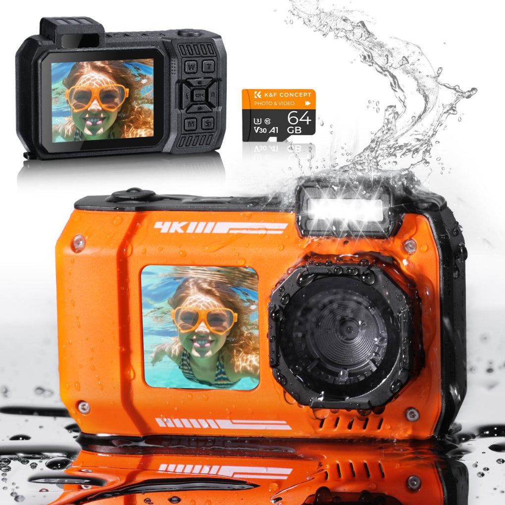 Compact 33FT waterproof 4K 48MP digital camera with dual screen, ideal for travel, adventure, and underwater photos.