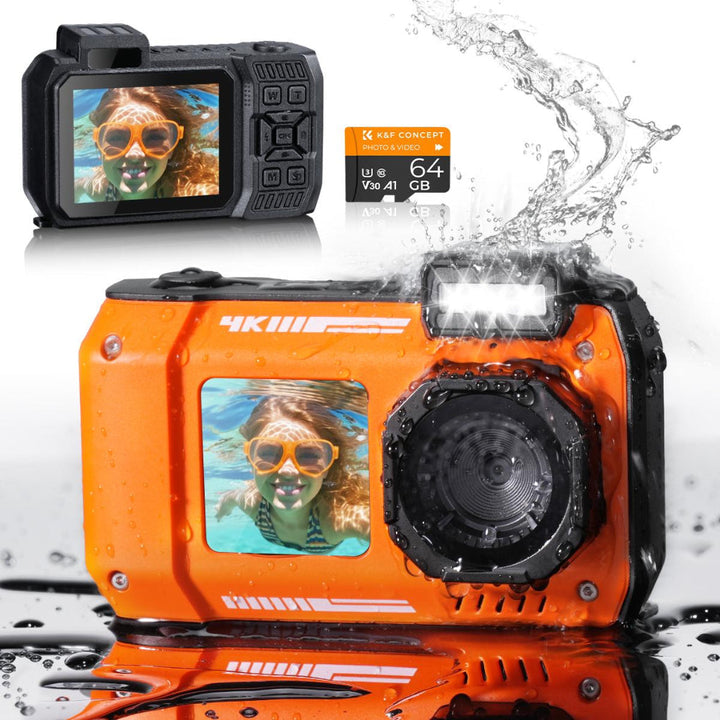 Compact 33FT waterproof 4K 48MP digital camera with dual screen, ideal for travel, adventure, and underwater photos.