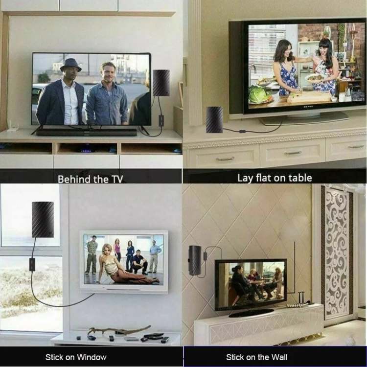 Sleek black indoor TV aerial, modern digital antenna for clear 4K & HD reception, home entertainment.