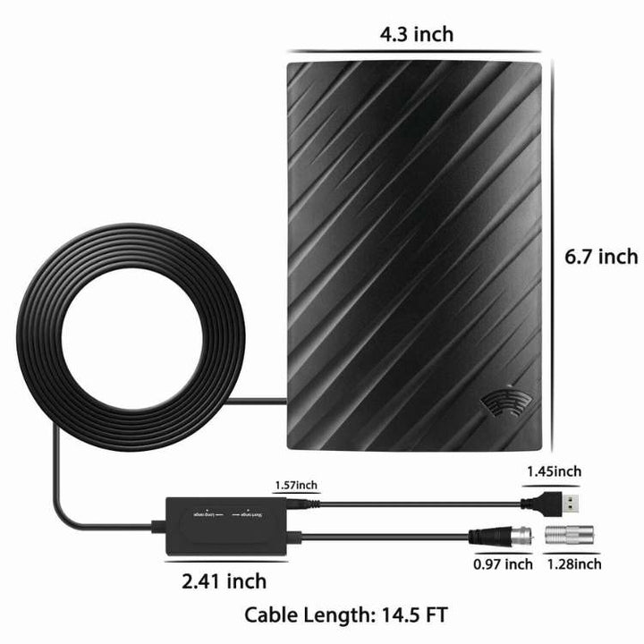 Modern indoor HD TV aerial, flexible digital antenna replacing bulky old antennas for free 4K channels.