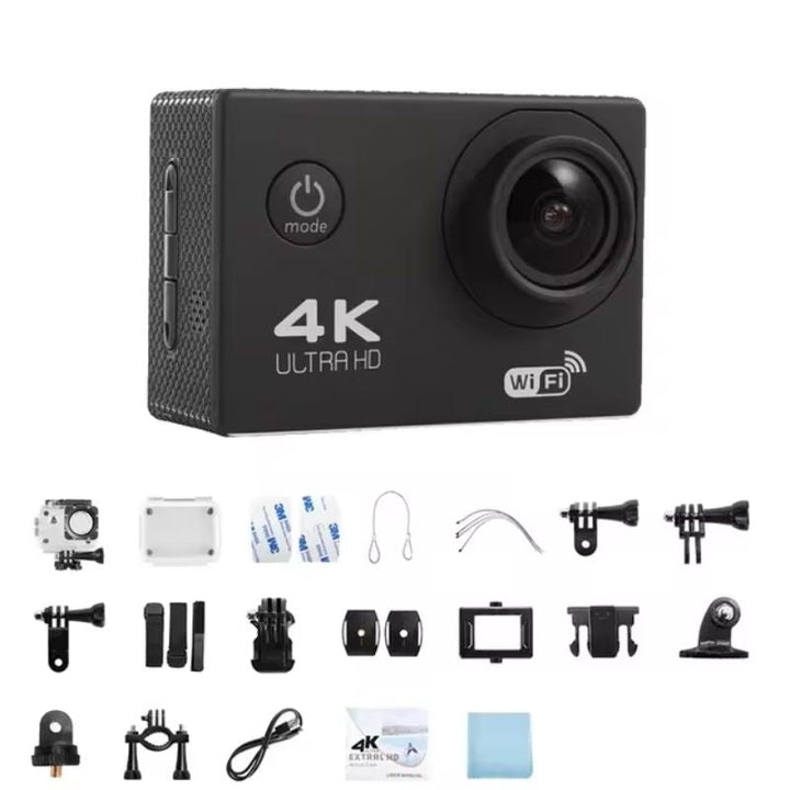 4K Ultra HD waterproof sports camera with Wi-Fi, perfect for outdoor adventures and extreme sports.