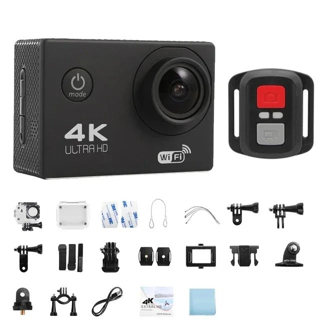 Outdoor 4K Ultra HD action camera, waterproof and Wi-Fi enabled for capturing extreme sports & vlogs.