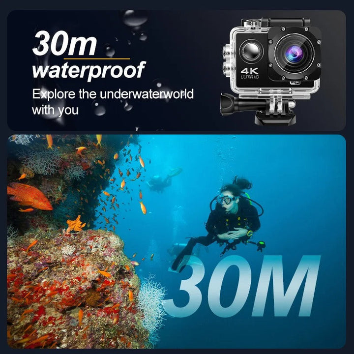 Vlogging 4K Ultra HD action camera, waterproof and compact for dynamic content creation. Wi-Fi supported.